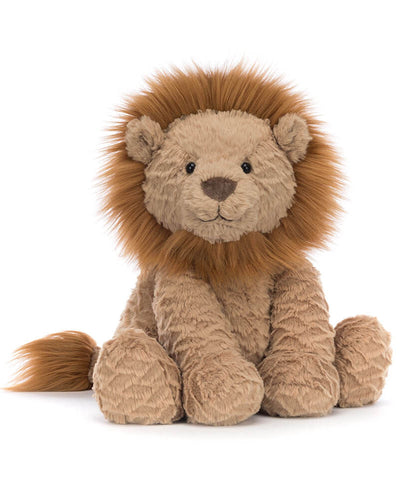 The Jellycat Fuddlewuddle Lion is a plush toy with a fluffy brown mane, soft tan fur, round black eyes, a stitched nose, and a long tail. It sits upright against a white background.