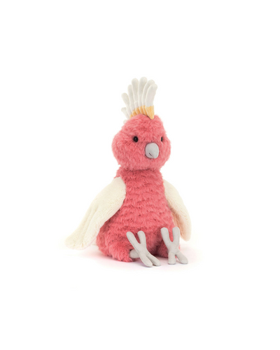 The Jellycat Squawkatoo is a plush pink bird with white wings, a light gray beak and feet, and a feathery white crest, sitting upright. Perfect as a flapper stuffed animal for any collection.