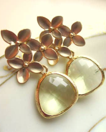 Citrine Earrings - Gold: Gold plated earrings with clusters of metallic flower petals and translucent, pale green gemstone drops in gold settings, inspired by delicate cherry blossoms.