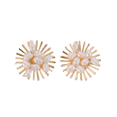 Sunburst Pearl Statement Stud Earrings: Gold-tone design featuring glass pearls and small clear gemstones in a circular sunburst pattern.