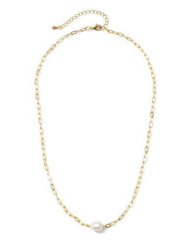 The Pearl Accented Necklace features a delicate gold plated chain with an adjustable clasp and a single freshwater pearl pendant at the center.