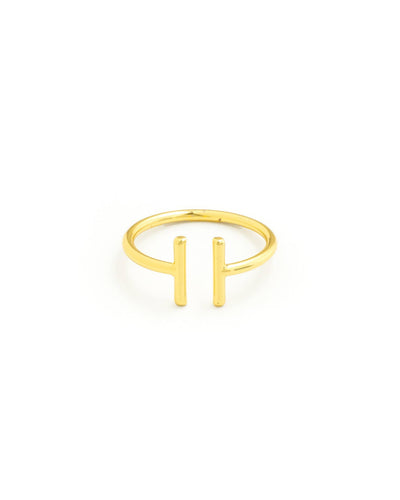 The Simple Double Bar Adjustable Ring - Gold is a minimalist plated brass piece with an open band design of two facing vertical bars, elegantly set against a white background.