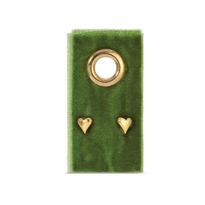 Simple Heart Studs on Velvet Gift Tag - Gold: A pair of small, 18K gold-plated heart studs presented on a green velvet gift tag with a gold grommet—a perfect elegant jewelry gift.