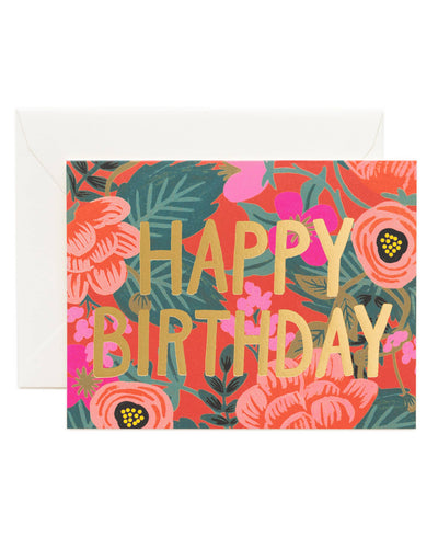 The Poppy Birthday - Card features gold "HAPPY BIRTHDAY" text on a vibrant floral background and comes with a plain white envelope.