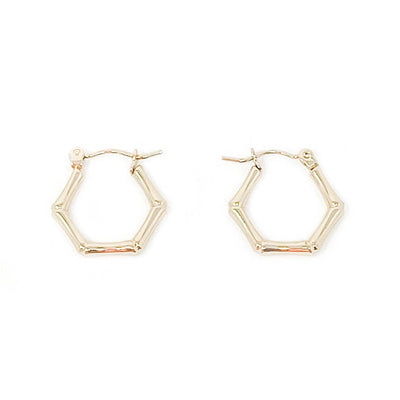 Non-tarnish gold filled small bamboo hoop earrings on white background.