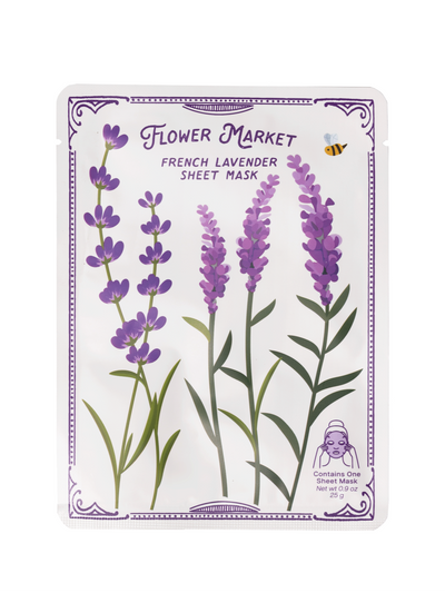 Flower Market French Lavender Sheet Mask packaging featuring illustrated lavender sprigs and a bee, with text highlighting the product's name and details. Contains one sheet mask, net weight 0.9 oz (25 g)