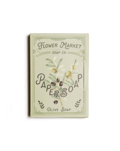 Flower Market Soap Co. Olive Soap packaging featuring a vintage-inspired design with an olive branch illustration and delicate decorative accents, containing 50 soap leaves.