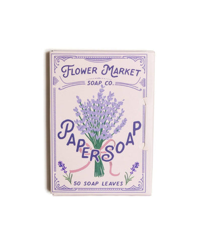 Delicate packaging of Flower Market Soap Co. Lavender Paper Soap, featuring an elegant lavender bouquet illustration with vintage-inspired typography and floral accents.
