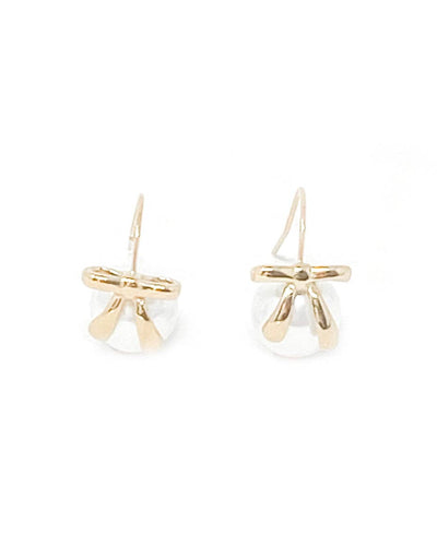 Non-Tarnish Bow Accent Pearl Drop Earrings - Gold Filled earrings on white background.