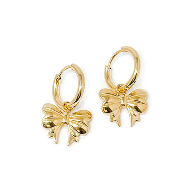 Non-Tarnish Gold Filled Bow Hoop earrings with stainless steel posts on white background.