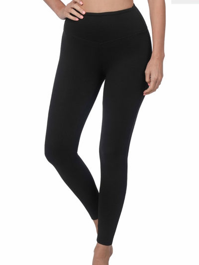A person wearing the buttery soft, Elaine High-Rise Leggings in black stands with one hand on their hip, highlighting the fit and design against a plain white background.