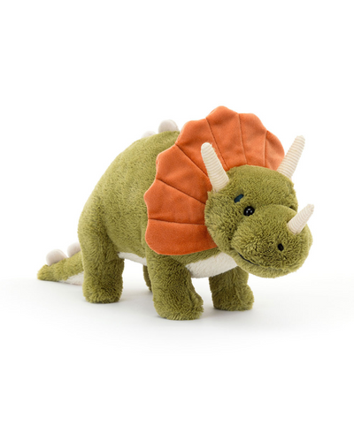 A plush Jellycat Archie Dinosaur toy in olive green with a soft, rounded body, an orange fabric frill around its head, and two small beige horns on its forehead. The dinosaur has black bead eyes and a stitched smile, standing on four short legs.