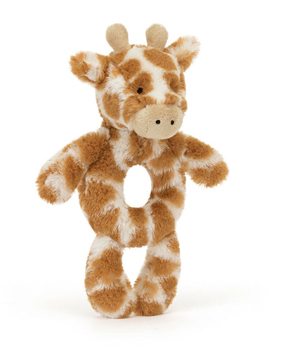 Front-facing Jellycat Bashful Giraffe Ring Rattle with a round opening in the body, a gentle giraffe face, and beige horns.