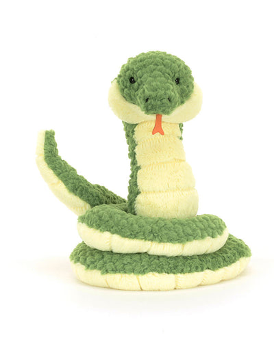 Front-facing Jellycat Cizi Snake plush perched in a coiled position, featuring a round green head, cream belly segments, and an orange tongue.