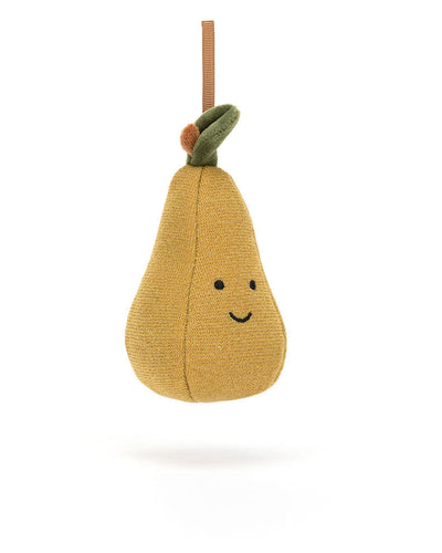 Front-facing Jellycat Festive Folly Pear plush ornament with a friendly embroidered face, a loop for hanging, and a soft fabric leaf at the top.