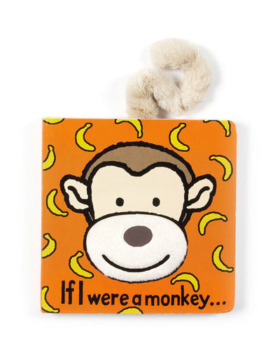 The Jellycat "If I Were a Monkey" children's board book is designed with an orange cover showcasing a smiling monkey face surrounded by bananas, making it an ideal nursery gift. The book features a furry tail attached at the top.