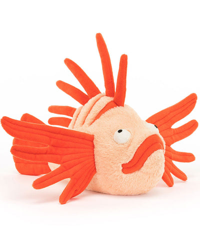 Front-facing Jellycat Lois Lionfish plush with wide eyes, a pouty orange mouth, and multiple layered fins along its sides and back