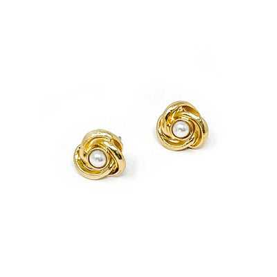 Matte Gold and Pearl Power Blessing Earrings - Stainless steel with triple gold plating with petite pearl accents on white background.