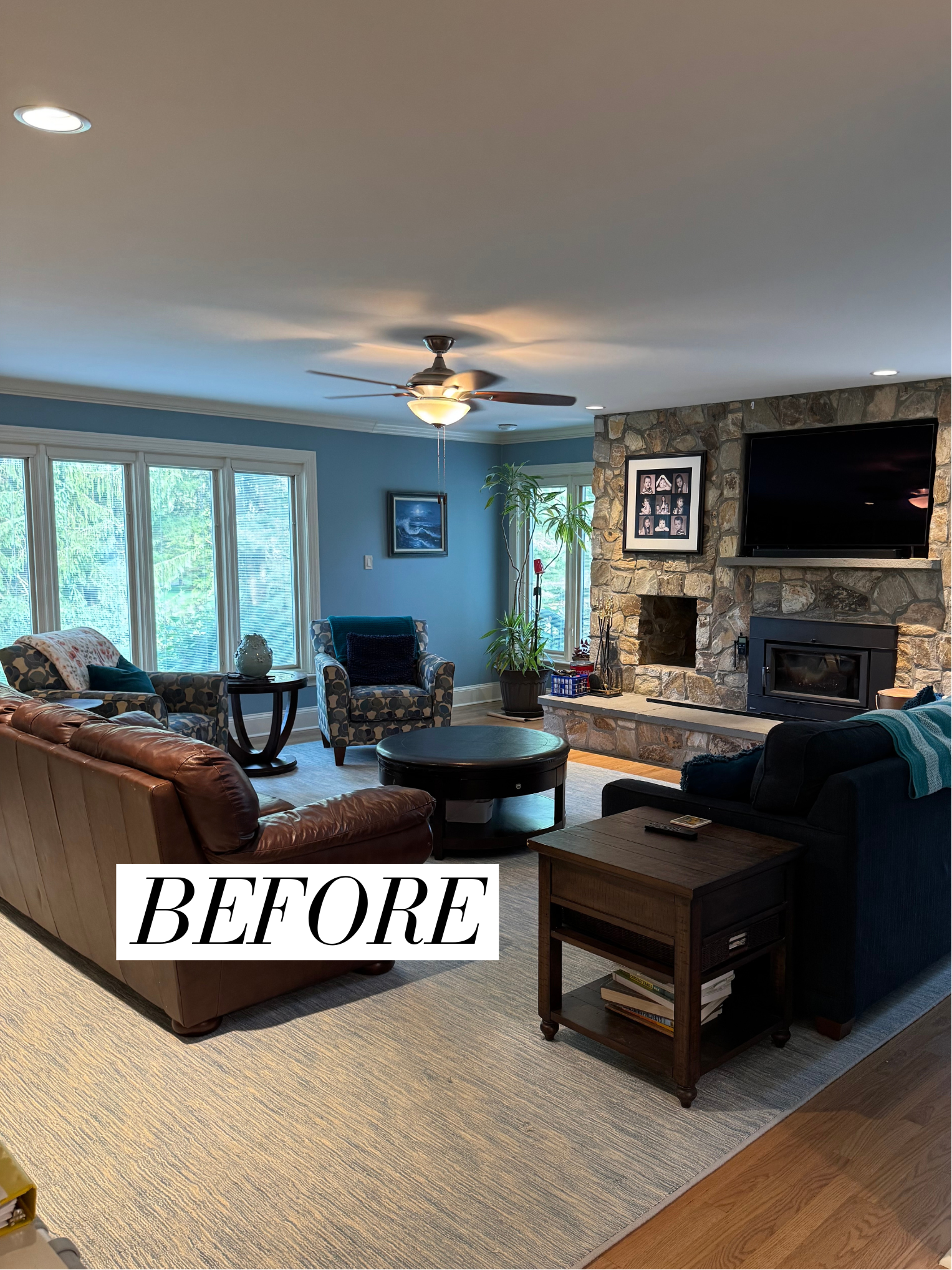 Living room with 'BEFORE' text overlay, showing furniture and decor.