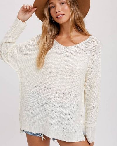 A person models a cream Amabel Reverse Seam Loose Fit Sweater, paired with denim shorts and a tan wide-brimmed hat. They pose with one hand on their hat, showcasing their long, wavy hair against a light-colored background.