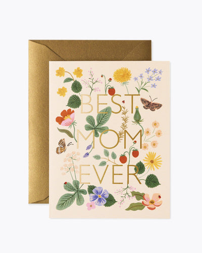 The Best Mom Ever - Card features "Best Mom Ever" in gold lettering among colorful flowers, leaves, and butterflies. Printed on premium paper, it comes with a matching gold envelope, perfect for Mother's Day.
