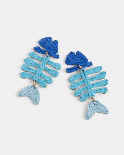 The Fish Bones Earring - Blue features a playful fish bone shape with darker heads and lighter tails, crafted from woven material—ideal for adding a fun touch to summer outfits. Shown on a plain white background.
