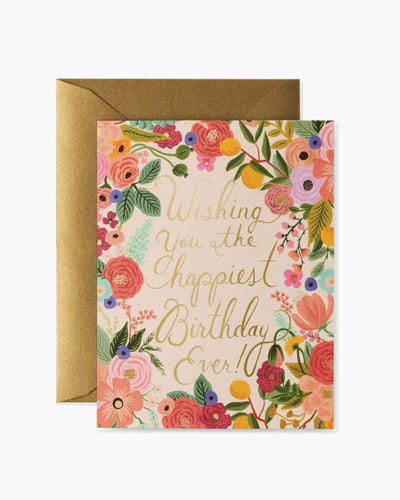 The Garden Party Birthday - Card features colorful flowers, greenery, gold foil details, and cursive “Wishing you the happiest Birthday Ever!” text. Includes a gold envelope—ideal for sending a personal birthday message.