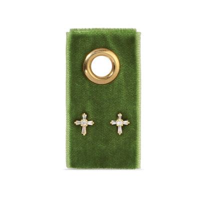 The Baguette Cross Studs on Velvet Gift Tag - Gold feature 18K gold-plated brass and sparkling cubic zirconia, elegantly displayed on green velvet with a gold grommet.