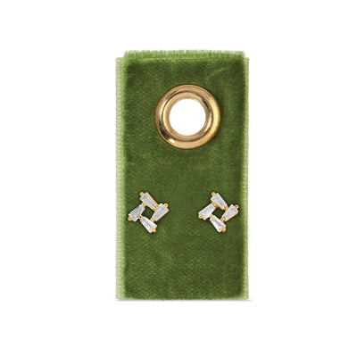 Baguette Cluster Studs on Velvet Gift Tag - Gold: 18K gold-plated studs with clear cubic zirconia, presented on a green velvet card with a round gold grommet at the top.