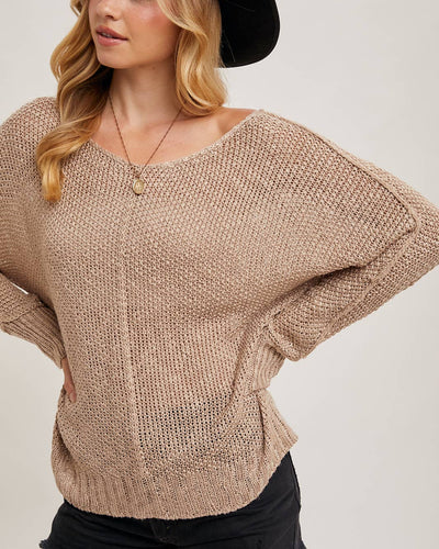 Wearing a wide-brimmed black hat, they sport the Amabel Reverse Seam Loose Fit Sweater in taupe with black shorts. Their relaxed expression and hands on hips enhance their laid-back silhouette against a plain backdrop, as they look to the side.