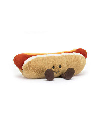Front view of the Jellycat Amuseables Hot Dog plush toy with a friendly embroidered face, fluffy bun, and charming mustard detail.