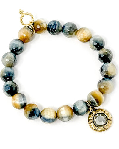 Powerbeads by Jen Autumn Caramel Latte Tiger Eye with Grey Crystal on white background.