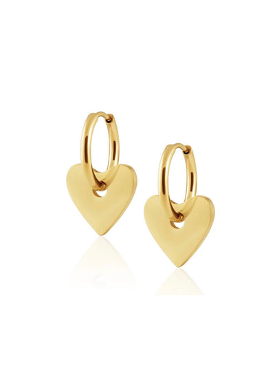 The Dee Heart Earrings - Gold feature hoop pendants, skillfully crafted as hypoallergenic hoops. These earrings are suspended on a seamless background, highlighting their polished surface and elegant design.