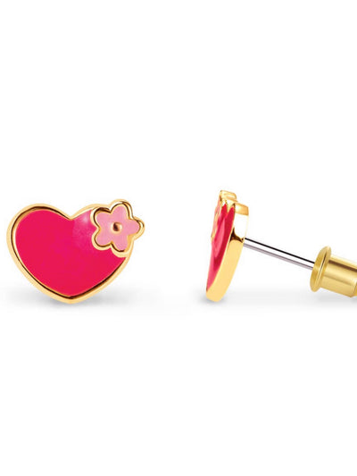Close-up of GirlNation Cutie Enamel Stud Earrings with two heart shapes. One faces front, featuring a pink heart and flower detail; the other is shown from the side, showcasing its hypoallergenic gold edges and post—ideal for children's jewelry.
