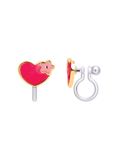 The GirlNation Cutie Clip On Earrings feature a charming red heart design with a delicate flower accent and gold outline. Their hypoallergenic silver clip-on fastening guarantees comfort and style for any occasion.